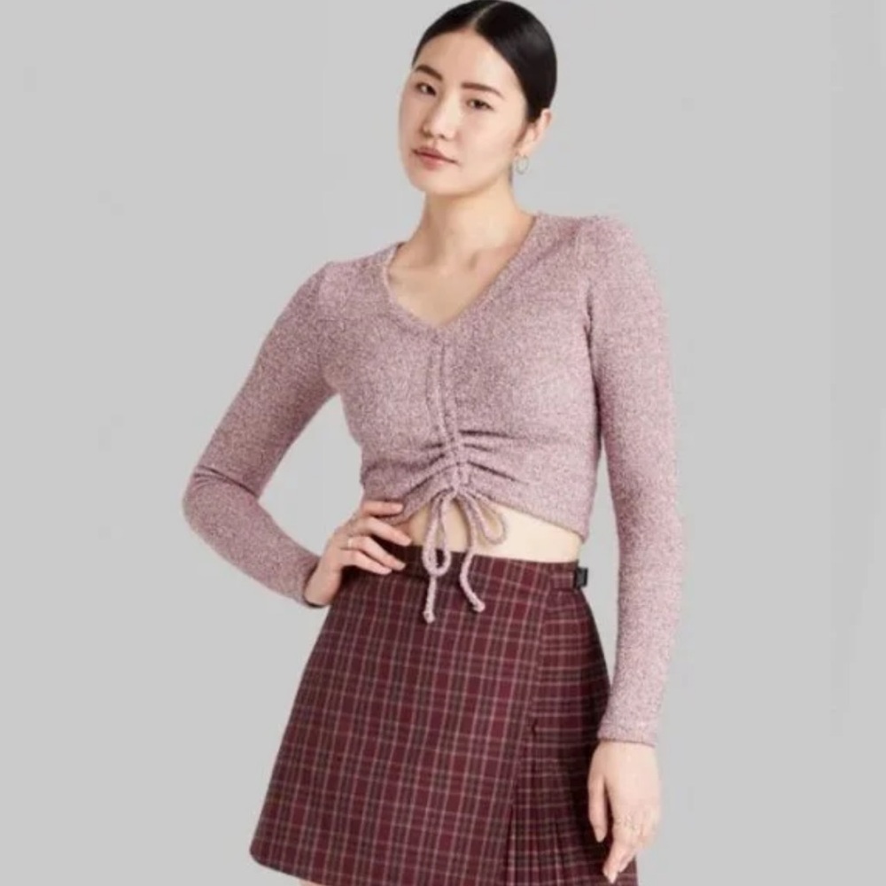 wild fable Mauve Pink Ruched Long-Sleeve Crop Top